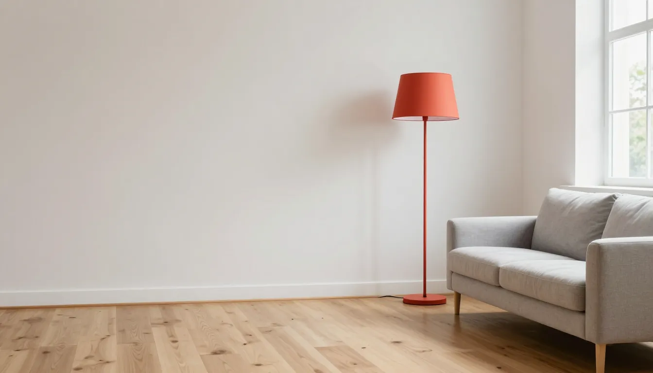 A coral floor lamp selected for object removal beside a gray sofa